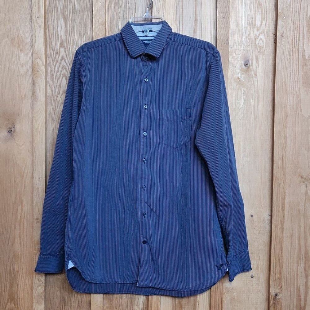 American Eagle Slim Fit Long Sleeve Cotton Shirt, Medium Tall, Blue Grey Stripes